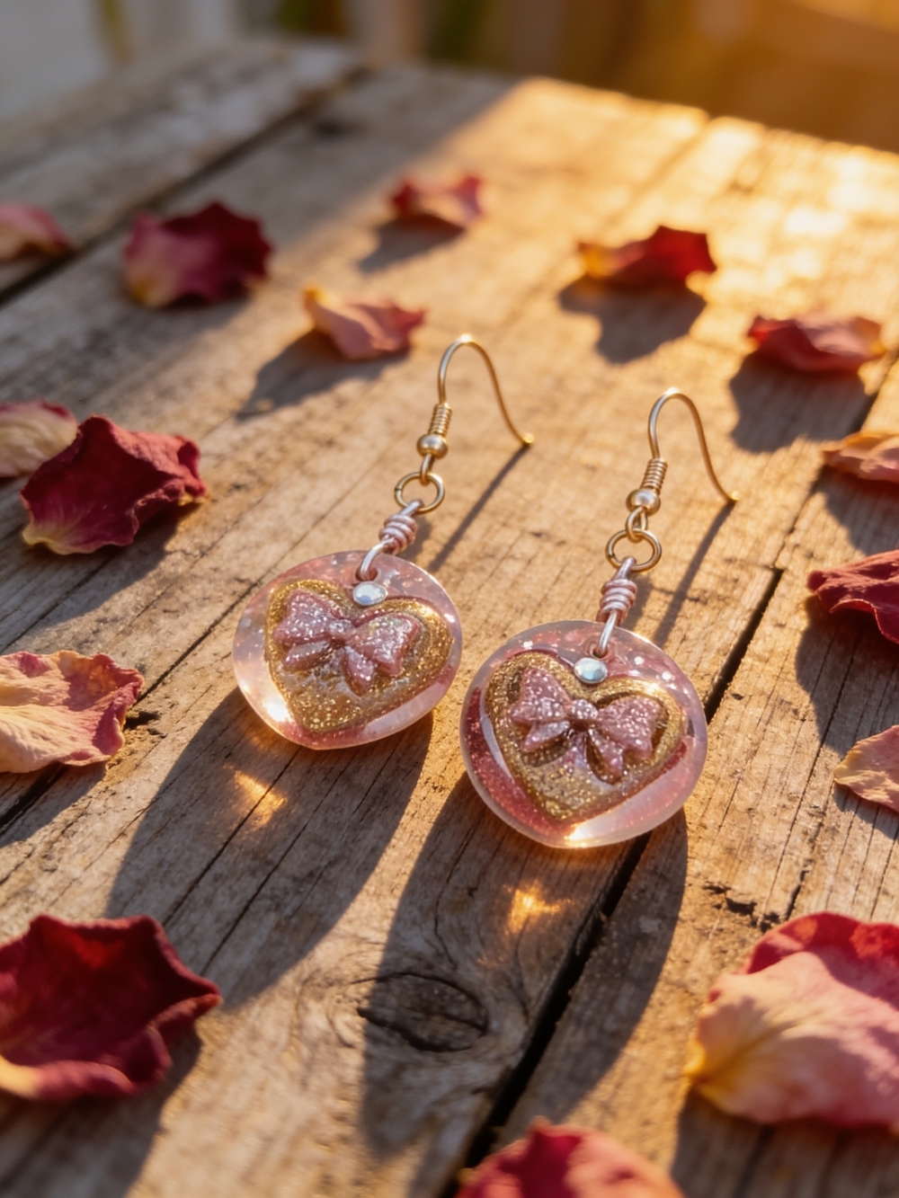 Pink Heart Bow Drop Earrings - Women Jewelry